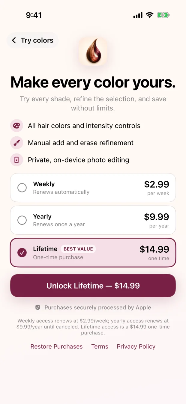 Weekly, yearly, and lifetime choices in the iPhone app