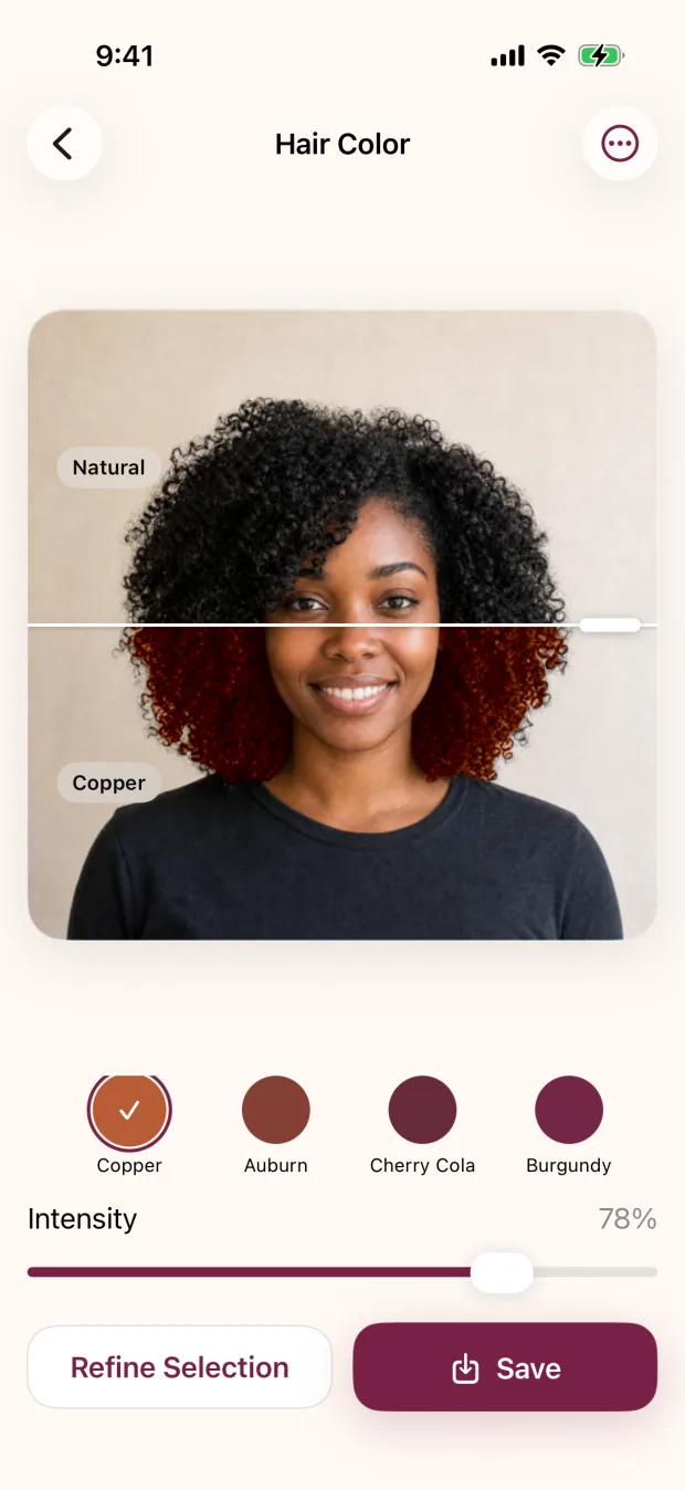 Copper hair color preview and intensity slider on iPhone
