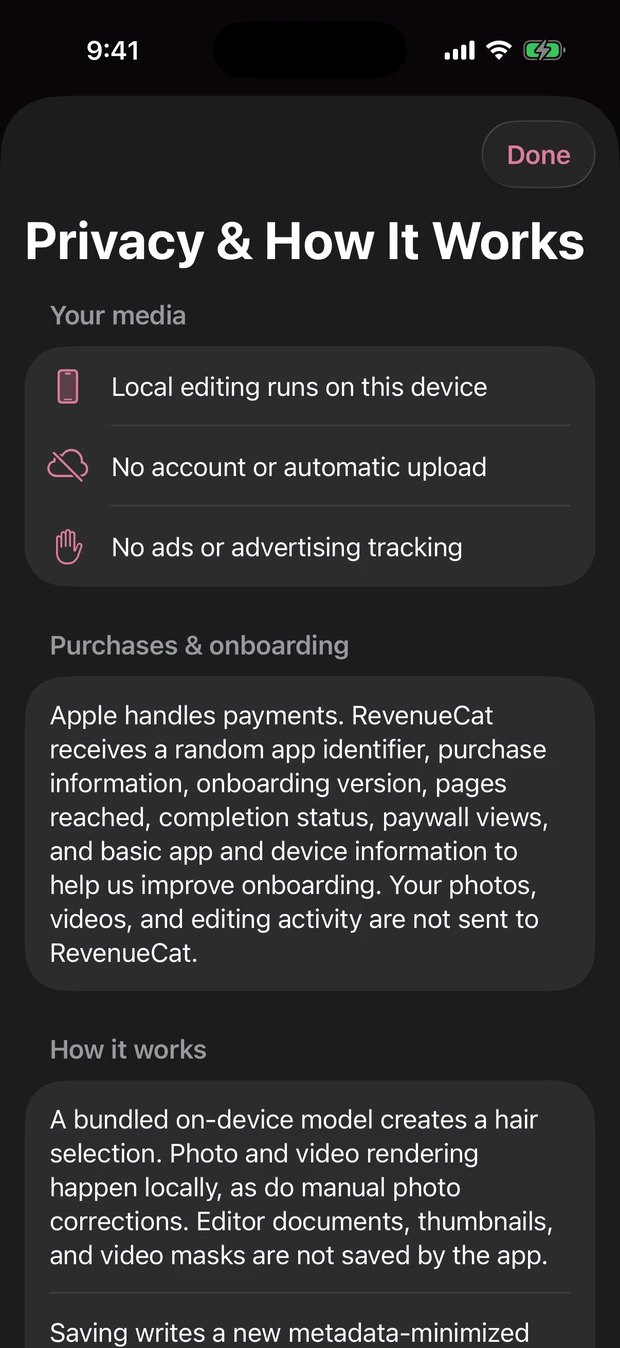 Privacy and How It Works screen in the iPhone app