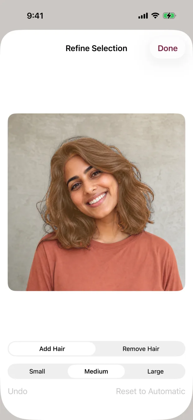 Add Hair and Remove Hair selection refinement controls on iPhone